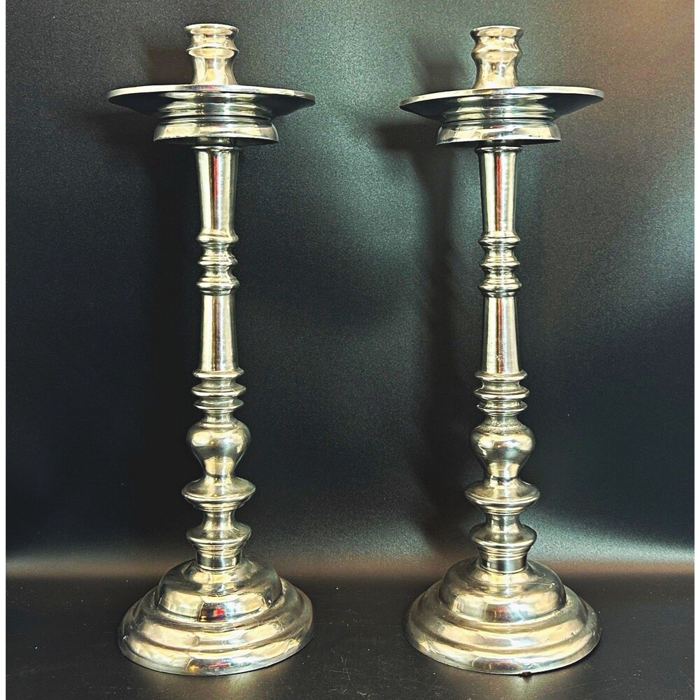 Vintage Silver Tone Metal Candlesticks Pair 13.5” Tall Taper Shabbat Holders